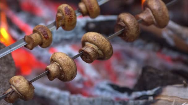 Cogumelos Cozidos Chamas Churrasqueira Quente — Vídeo de Stock