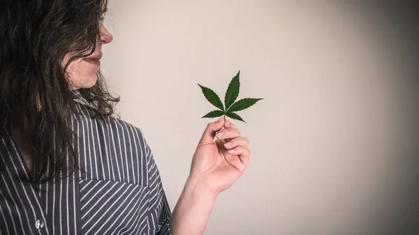 Person, die medizinisches Marihuanablatt in Händen hält. Cannabisblätter — Stockfoto