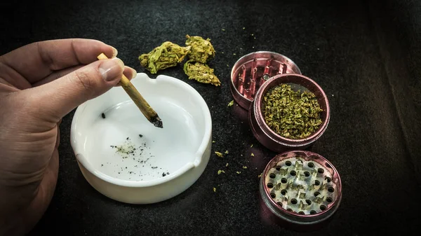 Fumar marihuana medicinal. Brotes de marihuana, molinillo y ceniza —  Fotos de Stock