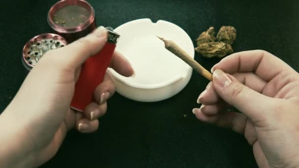 喫煙医療マリファナの共同 背景にマリファナのつぼみ グラインダーと灰皿 女性の手の中の関節 — ストック動画