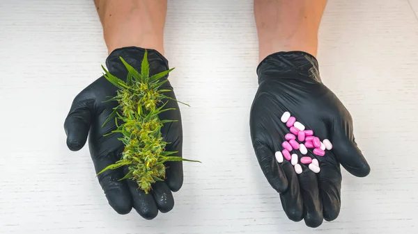 The person holds in his hand medical marijuana buds and pills. — Stock Photo, Image