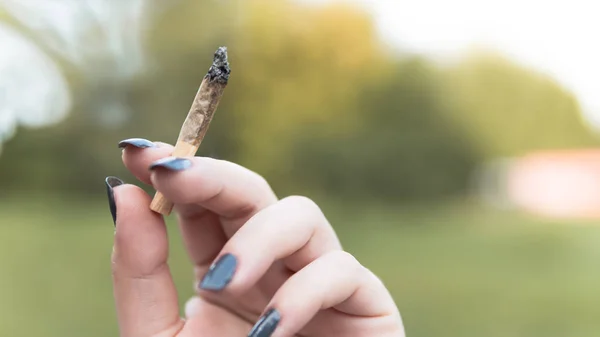 Primo piano delle mani femminili che tengono in mano l'articolazione della marijuana, il fumo non può — Foto Stock