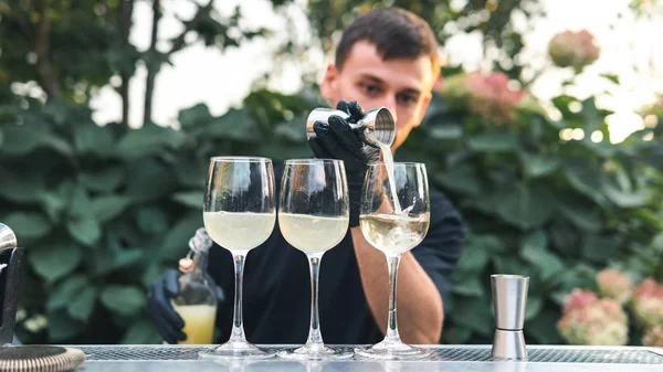 Barmen alkollü kokteyl yapıyor, açık havada yaz kokteyli. C