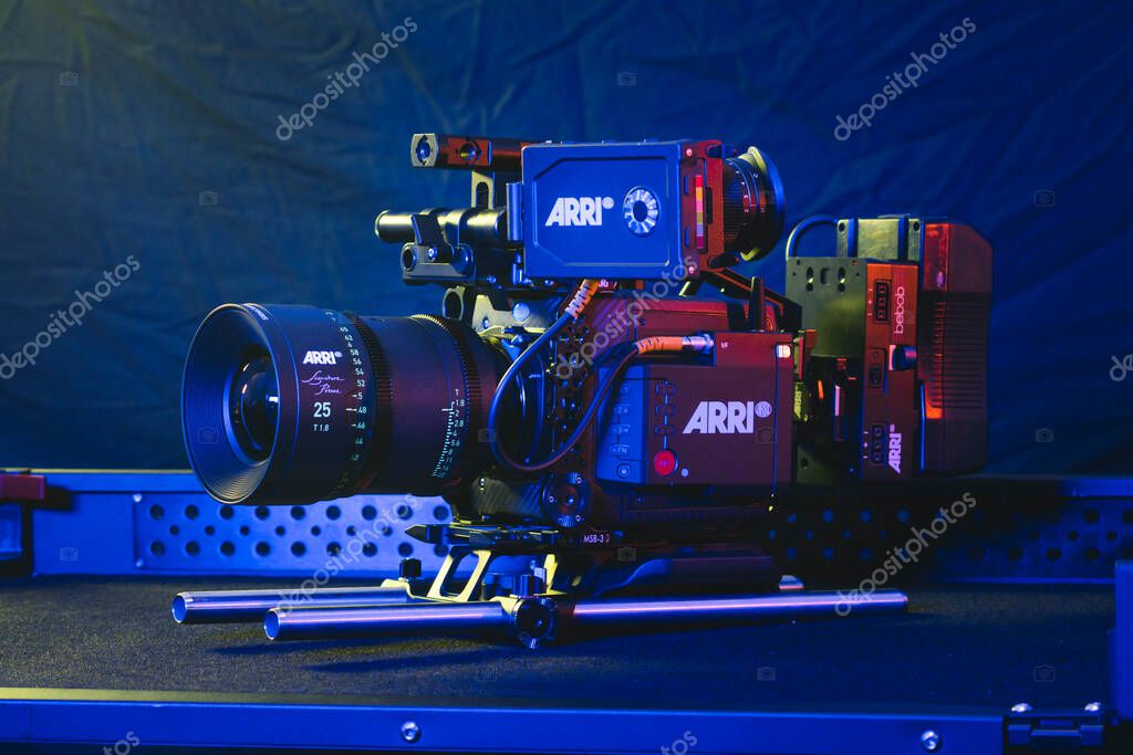 Kyiv, Ukraine - 04.17.2020: Studio shoot of professional video camera Arri Alexa mini LF with lens, close-up. Professional equipment for cinematographer, movie technology