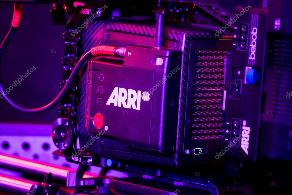 Kyiv, Ukraine - 04.17.2020: Studio shoot of professional video camera Arri Alexa mini LF with lens, close-up. Professional equipment for cinematographer, movie technology