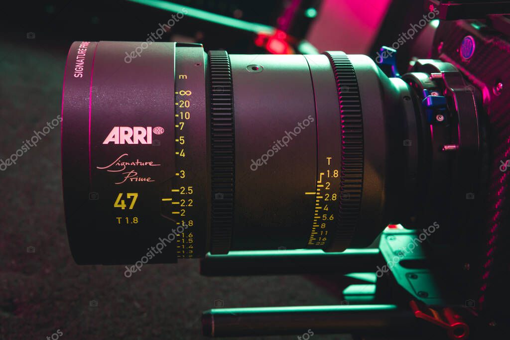 Kyiv, Ukraine - 04.17.2020: Studio shoot of professional lens Arri Signature Prime, close-up. Professional equipment for cinematographer, movie technology
