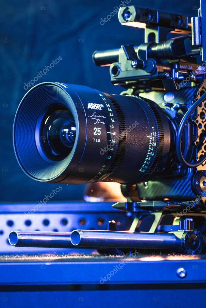 Kyiv, Ukraine - 04.17.2020: Studio shoot of professional video camera Arri Alexa mini LF with lens, close-up. Professional equipment for cinematographer, movie technology