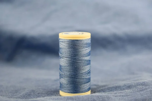 Sewing Thread Blue Color Blue Fabric Blue Fabric Background — Stock Photo, Image