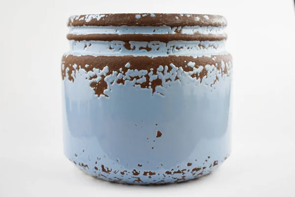 Vista Hojalata Oxidada Tarro Cerámica Azul Limpio Para Mensaje Publicidad — Foto de Stock
