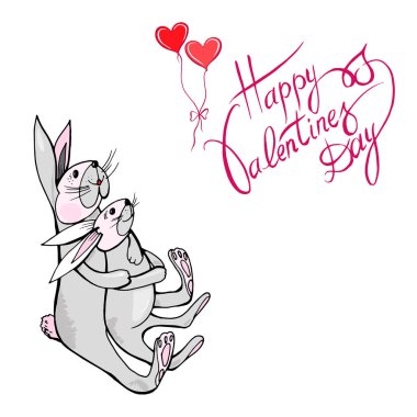 Aşık yazıt Happy Valentine's Day ile yabani tavşan. Romantik tebrik kartı vektör çizim Sevgililer günü için. Vektör grafikleri.