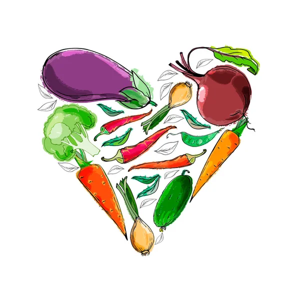 Ein Gezeichnetes Gemüse Farbe Auf Weißem Hintergrund Herzform Gemüse Gesunde — Stockvektor