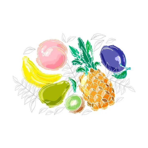 Conjunto Dibujado Frutas Con Ciruela Sobre Fondo Blanco Vitaminas Frutas — Vector de stock