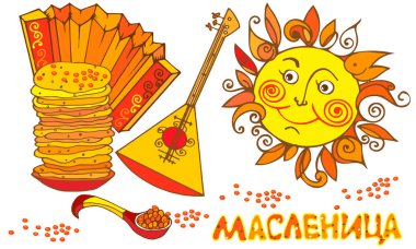 Poster neşeli Maslenitsa. Rus geleneksel bahar tatil karnaval. Rus yazıt Shrovetide. Vektör grafikleri