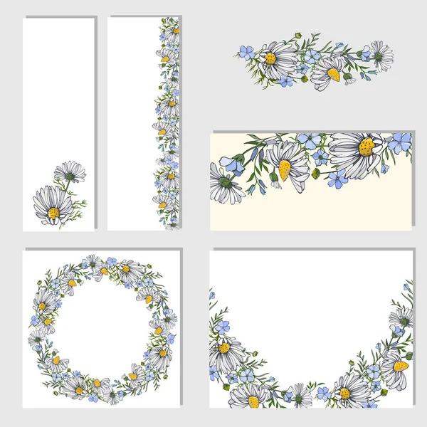 Dessin Vectoriel Objets Floraux Set Fleurs Avec Camomille Blanche Lin — Image vectorielle