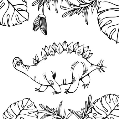 Sevimli yalnız dinozor, ormanda yürüyüş, el çizim, beyaz arka plan çocuklar için boyama kitabı