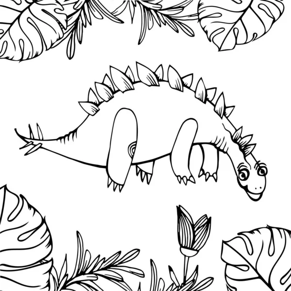 Flor Dinosaurio Hierba Dibujo Mano Libro Para Colorear Para Niños — Vector de stock