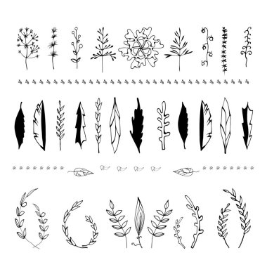 Beyaz bir arka plan üzerinde karalama basit dalları kümesi. Tasarım için çizim elemanları.