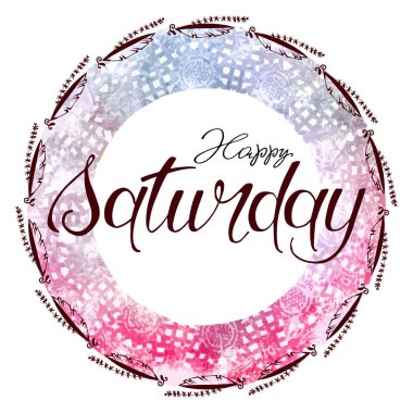 Mutlu Cumartesi el-çizilmiş metin. Poster ve tebrik kartları için renkli bir arka planda parlak ve modern mürekkep yazıtları.