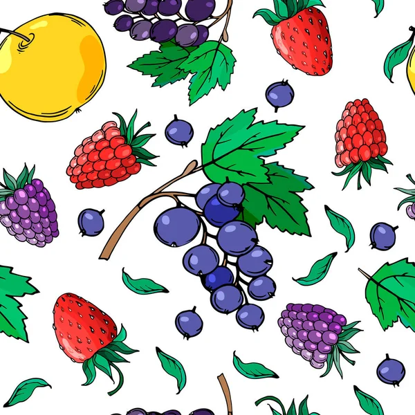 Renkli vektör sorunsuz arka plan. Elma, siyah frenk üzümü, çilek, böğürtlen, ahududu. Ambalaj kağıdı, kumaş, yüzey için. Vektör çizimi