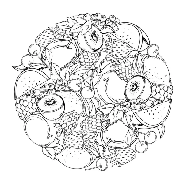Bir daire halinde düzenlenmiş, elle çizilmiş çilek ve meyve bir dizi. Boyama kitabı. Vektör çizimi