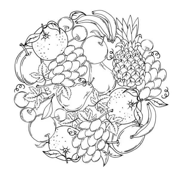 Çilek ve meyveler, siyah beyaz set, elle çizilmiş, bir daire içinde düzenlenmiştir. Boyama kitabı. Vektör çizimi
