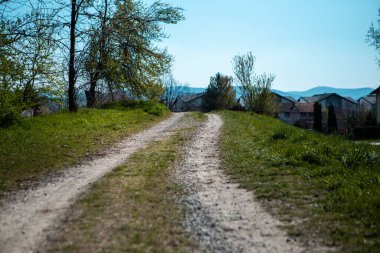 Selective focus on soil and grass located on a dirt road. The road is rural and leads to the village. behind you could see the roofs of houses and mountains. clipart