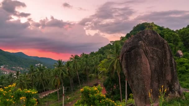 Vacker solnedgång i tropiska bergen med palmer i Samui, Thailand. Timelapse 4k — Stockvideo