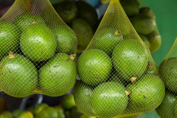 Green fresh Avocados fruit in mesh bag background closeup — Stock Photo, Image