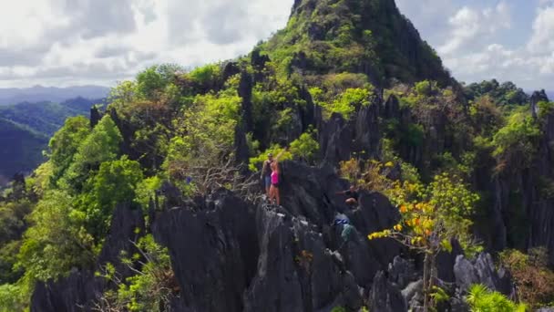 Unga glada turister på toppen av ett berg njuter dalen. Satellitvy 4K — Stockvideo