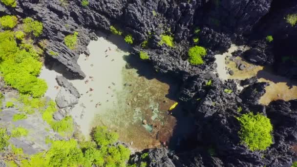 Aerial drone view of swimmers inside a tiny hidden tropical lagoon surrounded by cliffs - Secret Lagoon, Miniloc island in El Nido, Palawan, Philippines — Stock Video