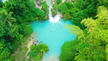 Yeşil ormanla çevrili bir havuza dökülen turkuaz şelalenin havadan görünüşü. Kawasan Şelalesi, Filipinler 'de çok sayıda erkek, kadın ve genç yetişkin yüzüyor..