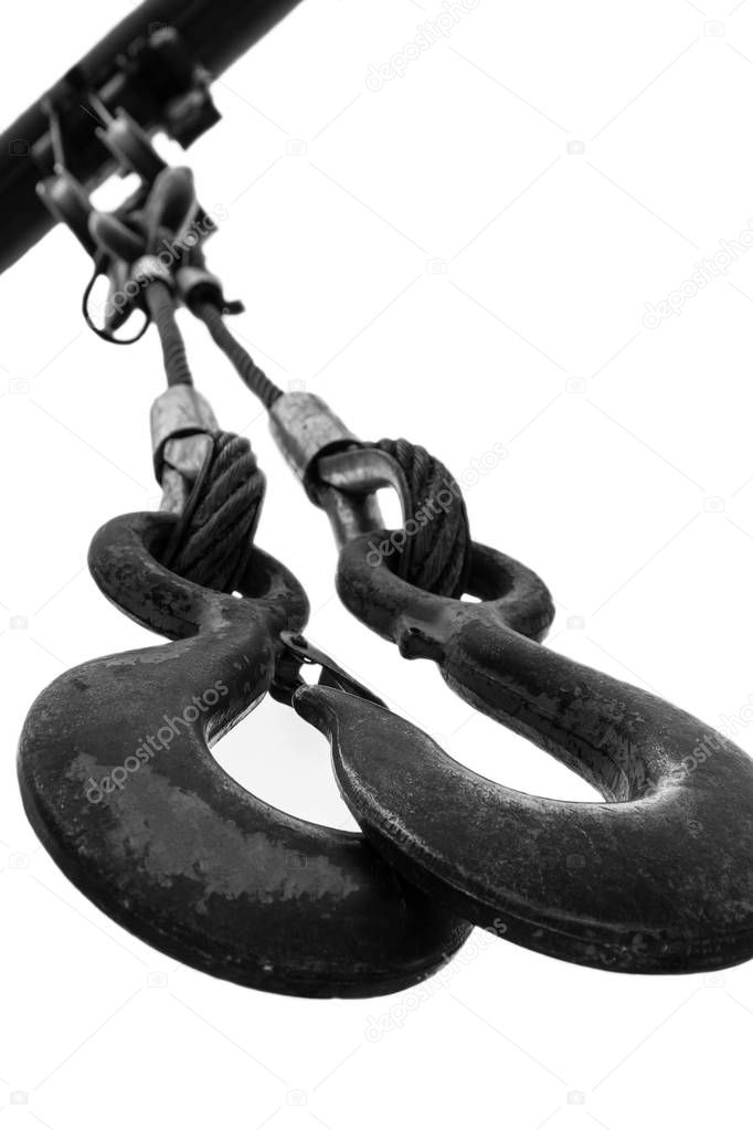 hook hanging on a clothesline isolated on white