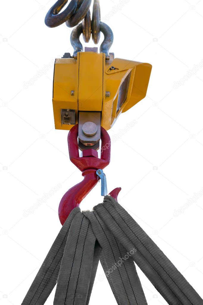 The crane hook with weights on white background