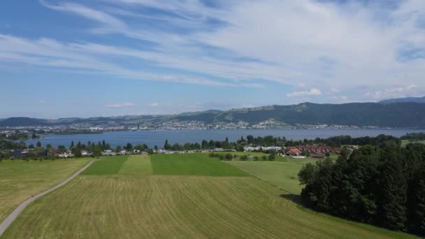 Tiro Areal Zug Lago Equipamento Sobre Campo Golfe Von Holzhusern — Vídeo de Stock