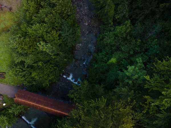 Drone Disparado Natureza Rio Ponte Árvores Verdes Hoellgrotte Suíça — Fotografia de Stock