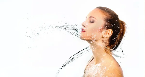 pretty woman with water splash. Beautiful model woman with a splash of water. Beautiful smiling girl underwater with fresh skin on blue background. Skin care, cleansing and moisturizing concept. Pretty face