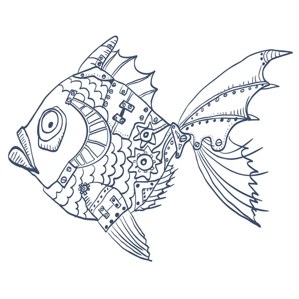 Peces Con Partes Mecánicas Del Cuerpo Fondo Dibujado Mano Animales — Vector de stock