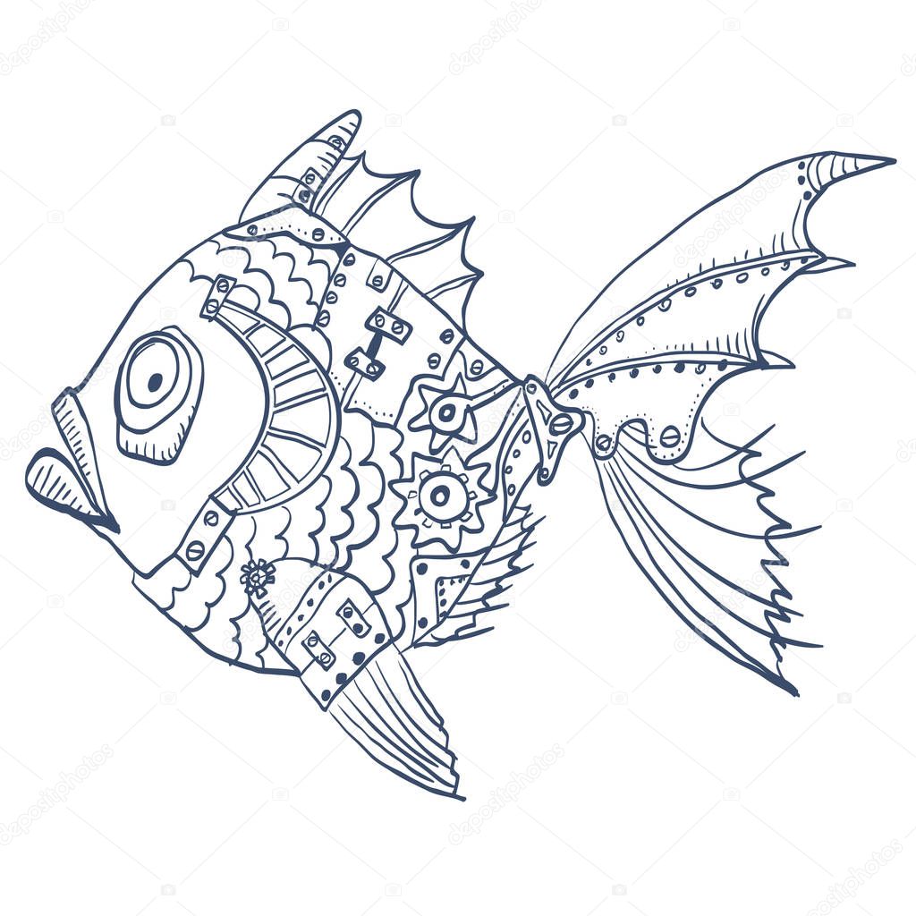 Fish with mechanical parts of body. Hand drawn background of animal robot fish mechanical objects