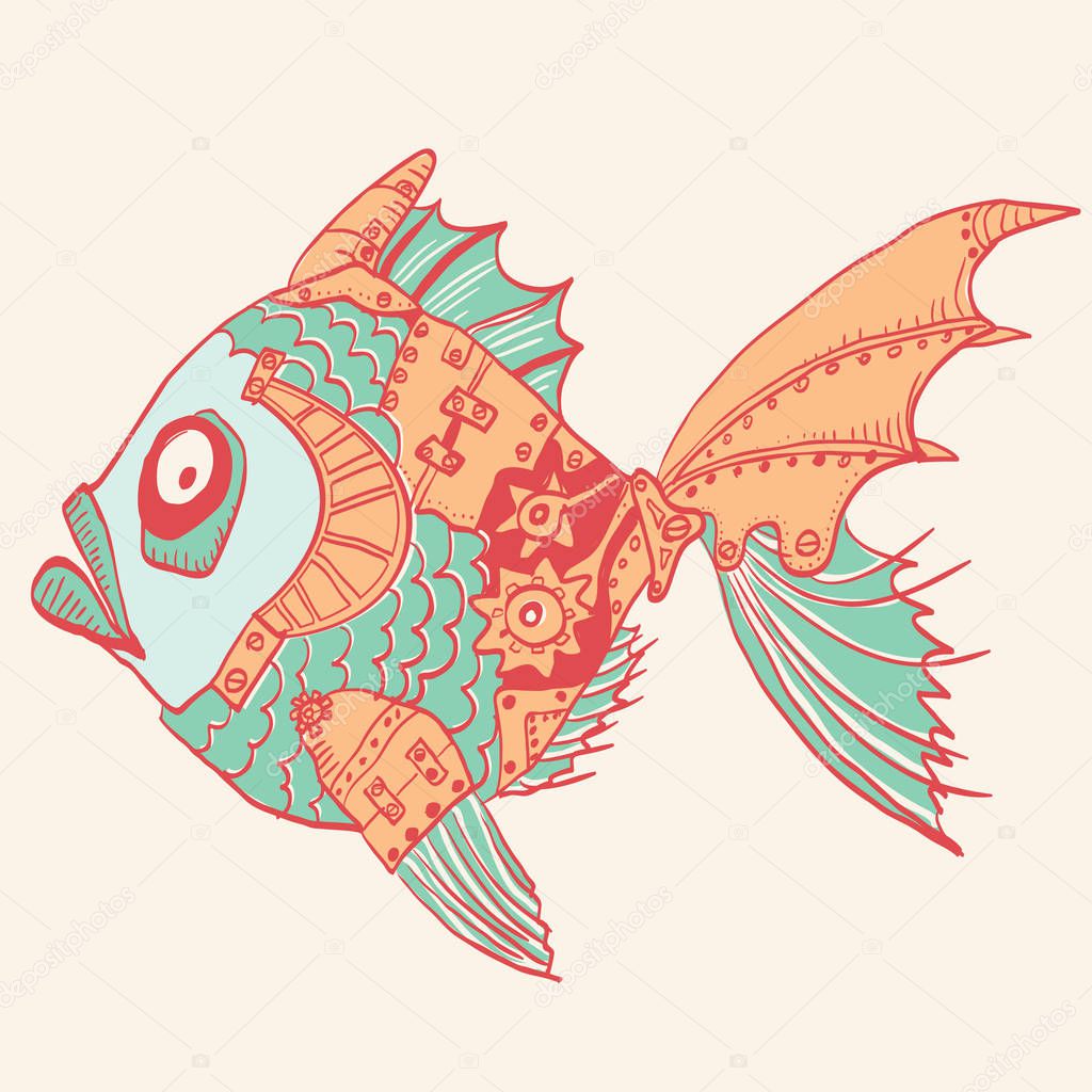 fish with mechanical parts of body. Hand drawn steampunk color illustration of animal robot fish isolated.