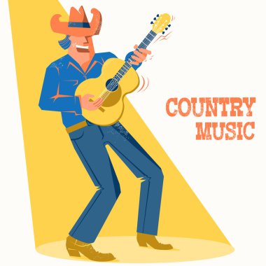 Amerikan kovboy şapkası palying gitar erkekte müzisyen ve şarkı. Vektör Müzik Festivali Afiş metin ile