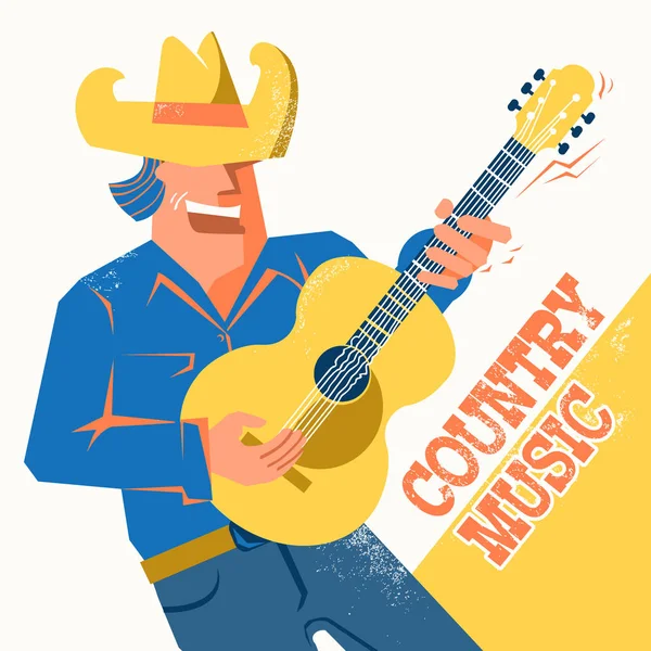 Muzikant Amerikaanse Cowboy Hoed Palying Gitaar Zang Vector Muziek Poster — Stockvector