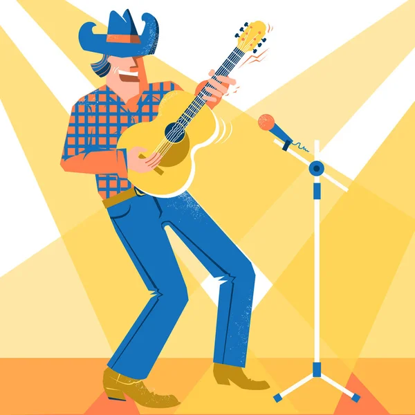 Musiker Mann Mit Amerikanischem Cowboyhut Der Die Gitarre Lähmt Und — Stockvektor