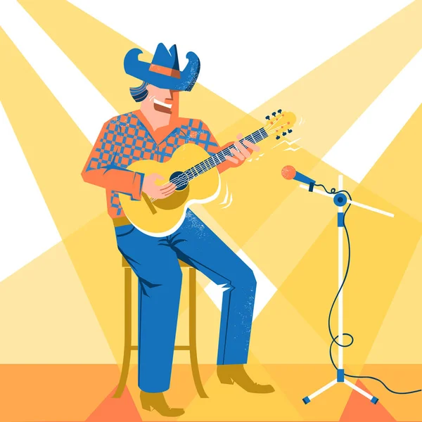 Musiker Man Amerikanska Cowboyhatt Palying Gitarr Och Sång Vector Musik — Stock vektor