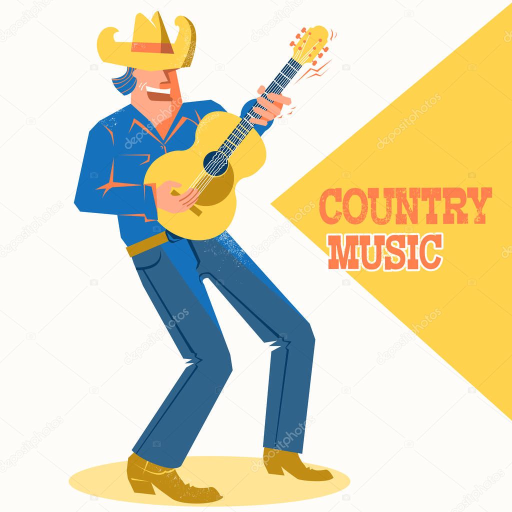 Musician man in American cowboy hat palying the guitar and singing .Vector music poster with text