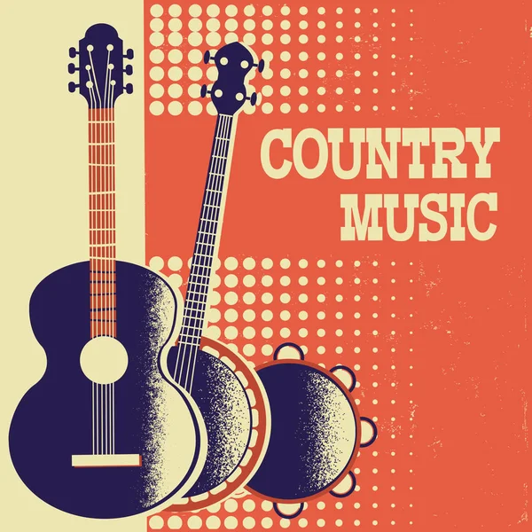 Country Music Poster Background Musical Instruments Retro Old Paper Text — Stock Vector