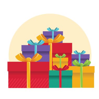 Hediye kutuları kartı. Vektör renk Gösterim amacıyla üzerinde beyaz izole tasarım sunar