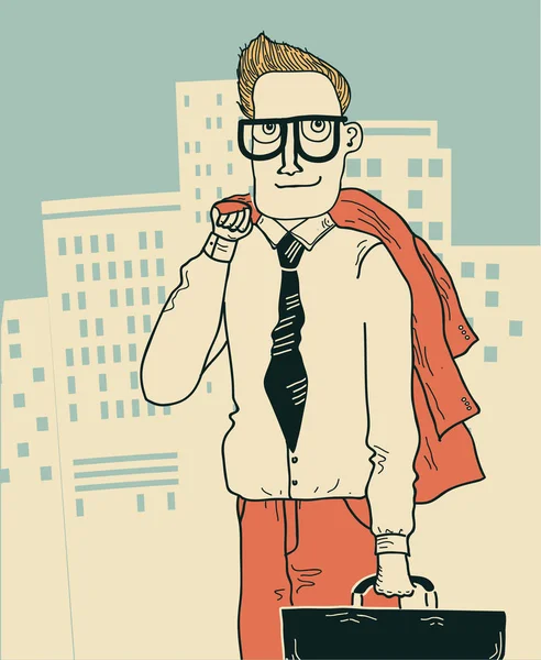 メガポリス背景に事務服のビジネスマン ベクトル漫画の実例 — ストックベクタ