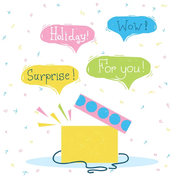 Gift Box Surprise Vector Color Holiday Card Text Bubbles — Stock Vector