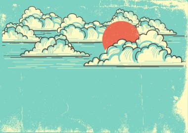 Bulutlu gökyüzü mavi arka plan ile kırmızı Paz. Vektör doğa illüstrasyon eski kağıt dokusu üzerinde metin için