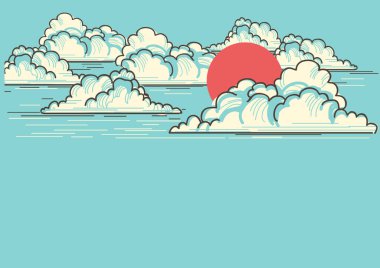 Bulutlu gökyüzü mavi arka plan ile kırmızı Paz. Vektör doğa illüstrasyon metin için